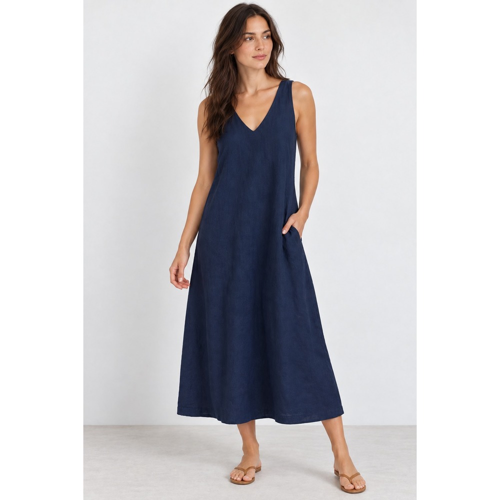 Tahari Dress Womens XL Blue Linen V Neck Sleeveless Maxi Pockets Casual Travel